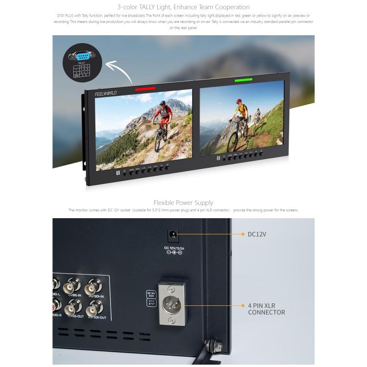 FEELWORLD D101 PLUS Dual 10.1 inch 4RU Rackmount Monitor 4K HDMI SDI 1920 x 1200 IPS Monitor