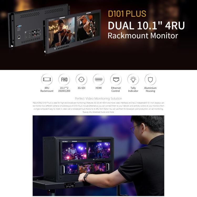 FEELWORLD D101 PLUS Dual 10.1 inch 4RU Rackmount Monitor 4K HDMI SDI 1920 x 1200 IPS Monitor