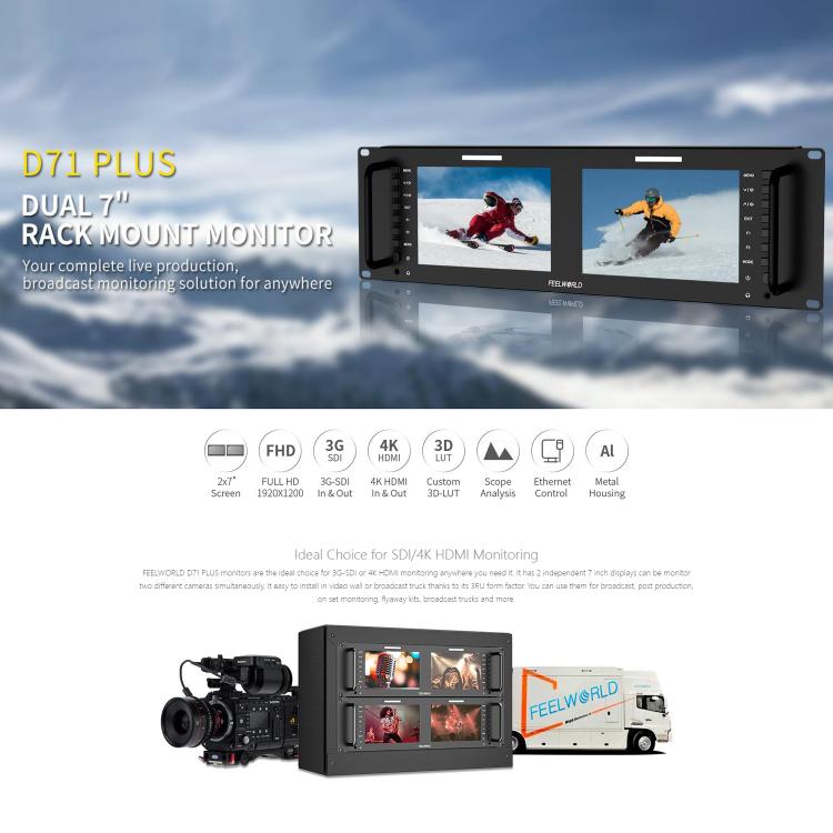 FEELWORLD D71 PLUS Dual 7 inch 3RU Rackmount Monitor 4K HDMI SDI 1920 x 1200 IPS Monitor