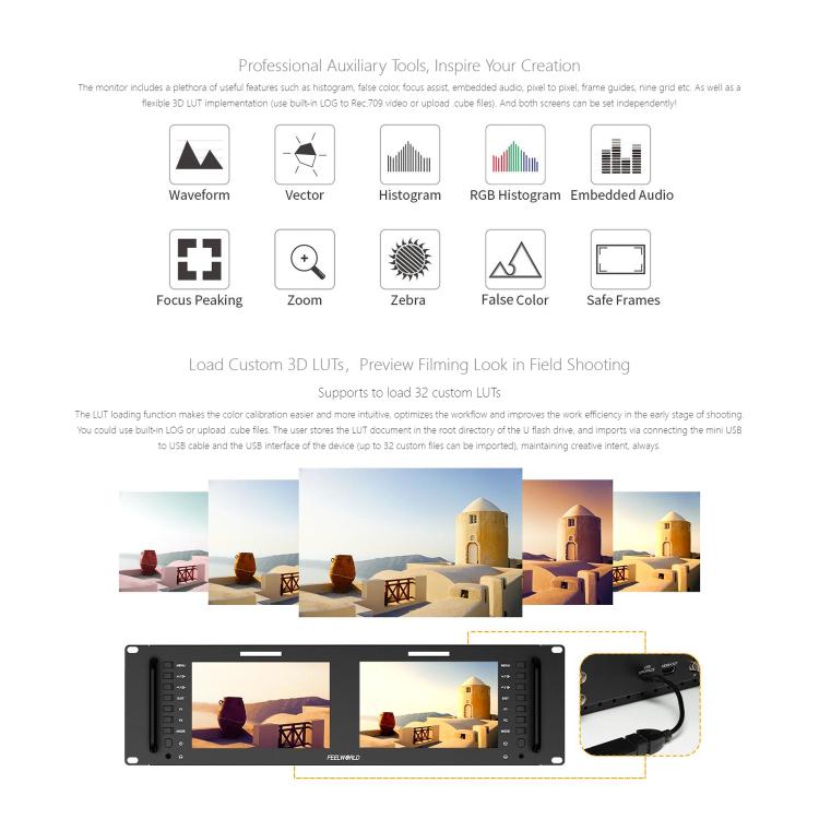 FEELWORLD D71 PLUS Dual 7 inch 3RU Rackmount Monitor 4K HDMI SDI 1920 x 1200 IPS Monitor