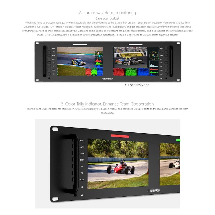 FEELWORLD D71 PLUS Dual 7 inch 3RU Rackmount Monitor 4K HDMI SDI 1920 x 1200 IPS Monitor
