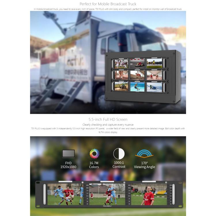 FEELWORLD T51 PLUS Triple 5.5 inch 2RU Rackmount Monitor Full HD 3G-SDI 4KHDMI AV Monitor