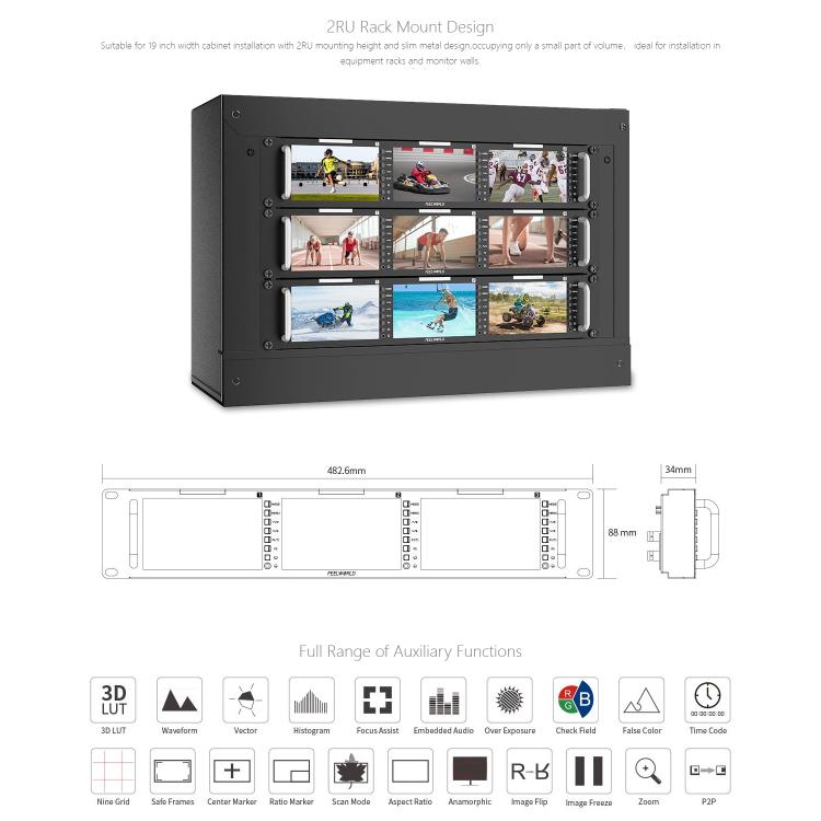 FEELWORLD T51 PLUS Triple 5.5 inch 2RU Rackmount Monitor Full HD 3G-SDI 4KHDMI AV Monitor