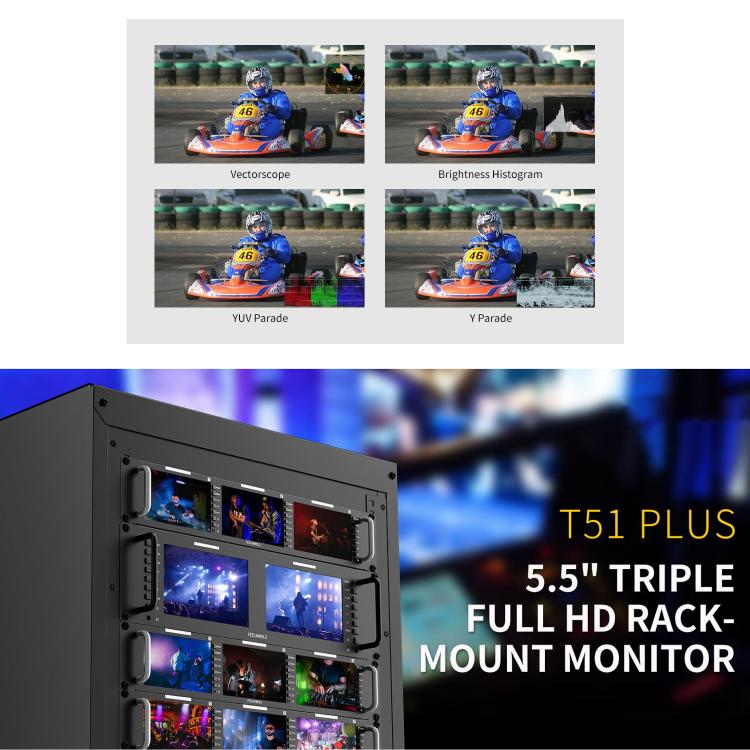 FEELWORLD T51 PLUS Triple 5.5 inch 2RU Rackmount Monitor Full HD 3G-SDI 4KHDMI AV Monitor