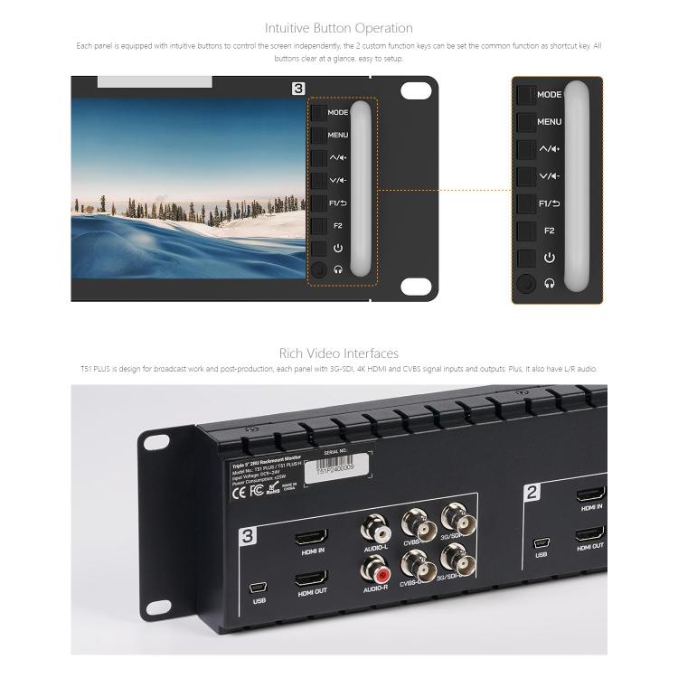 FEELWORLD T51 PLUS Triple 5.5 inch 2RU Rackmount Monitor Full HD 3G-SDI 4KHDMI AV Monitor