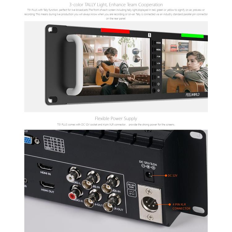 FEELWORLD T51 PLUS Triple 5.5 inch 2RU Rackmount Monitor Full HD 3G-SDI 4KHDMI AV Monitor
