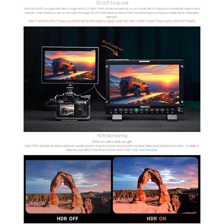 FEELWORLD S10 10.1 inch 12G SDI HDMI2.0 Camera Field Monitor High Brightness 1200nit Touchscreen Monitor  - Black