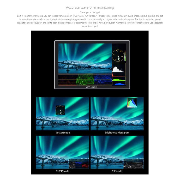 FEELWORLD S10 10.1 inch 12G SDI HDMI2.0 Camera Field Monitor High Brightness 1200nit Touchscreen Monitor  - Black