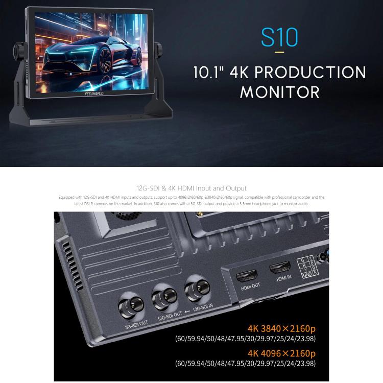 FEELWORLD S10 10.1 inch 12G SDI HDMI2.0 Camera Field Monitor High Brightness 1200nit Touchscreen Monitor  - Black