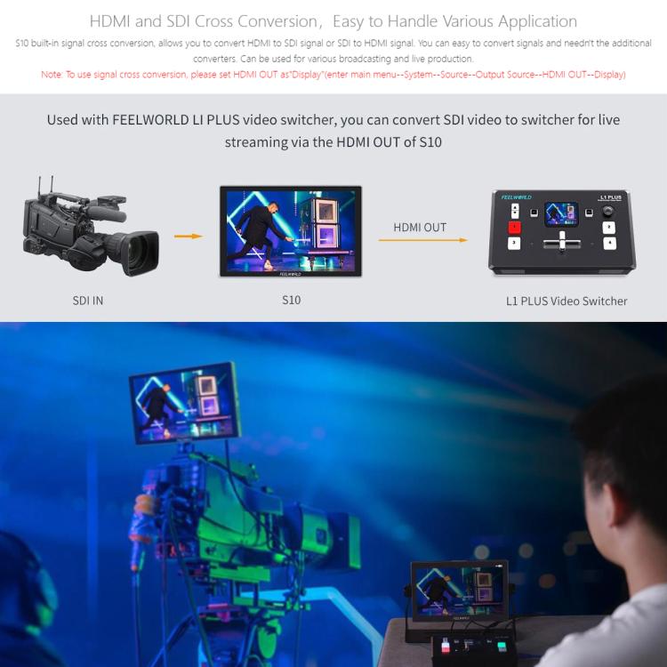 FEELWORLD S10 10.1 inch 12G SDI HDMI2.0 Camera Field Monitor High Brightness 1200nit Touchscreen Monitor  - Black
