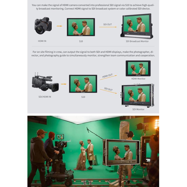 FEELWORLD S10 10.1 inch 12G SDI HDMI2.0 Camera Field Monitor High Brightness 1200nit Touchscreen Monitor  - Black