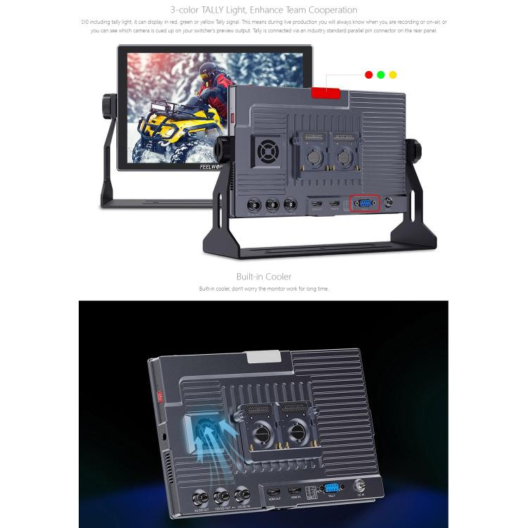 FEELWORLD S10 10.1 inch 12G SDI HDMI2.0 Camera Field Monitor High Brightness 1200nit Touchscreen Monitor  - Black