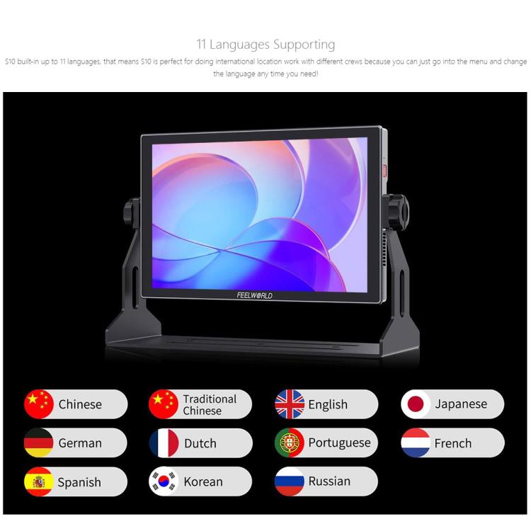 FEELWORLD S10 10.1 inch 12G SDI HDMI2.0 Camera Field Monitor High Brightness 1200nit Touchscreen Monitor  - Black