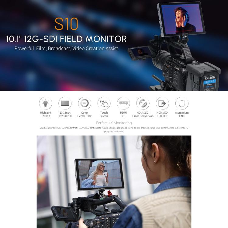FEELWORLD S10 10.1 inch 12G SDI HDMI2.0 Camera Field Monitor High Brightness 1200nit Touchscreen Monitor  - Black