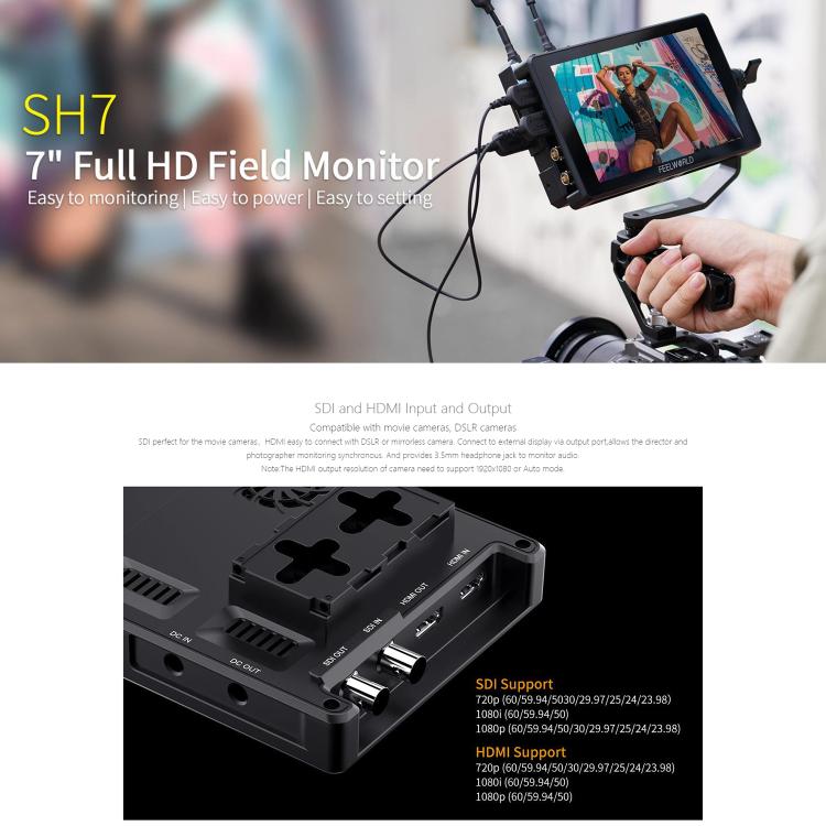 FEELWORLD SH7 7 inch Ultra Bright 2200nit On-camera Monitor SDI HDMI Cross Conversion Monitor  - Black