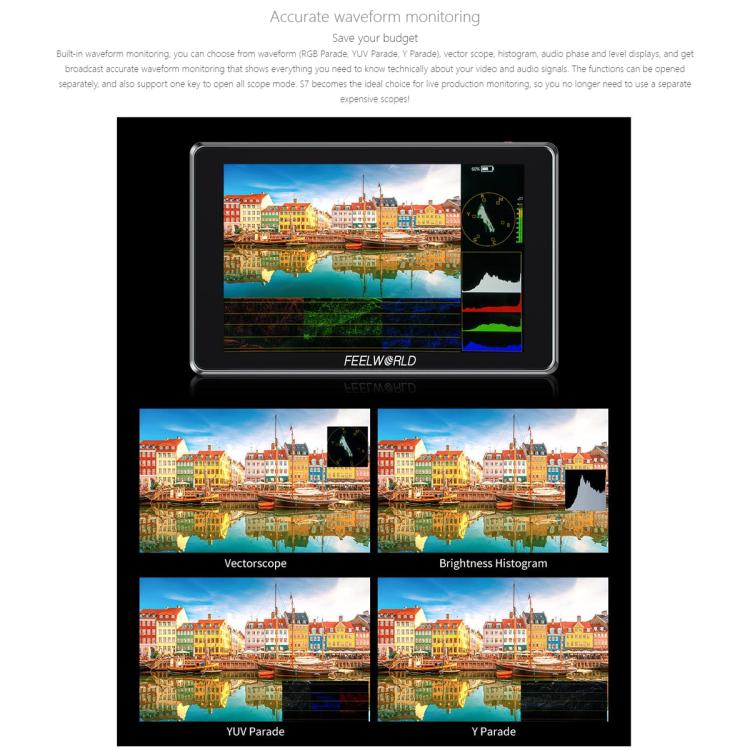FEELWORLD S7 7 inch 12G SDI HDMI2.0 Camera Field Monitor High Brightness1600nit Touchscreen Monitor  - Black