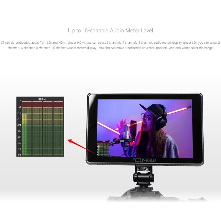 FEELWORLD S7 7 inch 12G SDI HDMI2.0 Camera Field Monitor High Brightness1600nit Touchscreen Monitor  - Black