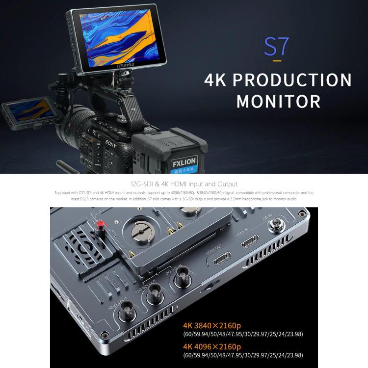 FEELWORLD S7 7 inch 12G SDI HDMI2.0 Camera Field Monitor High Brightness1600nit Touchscreen Monitor  - Black