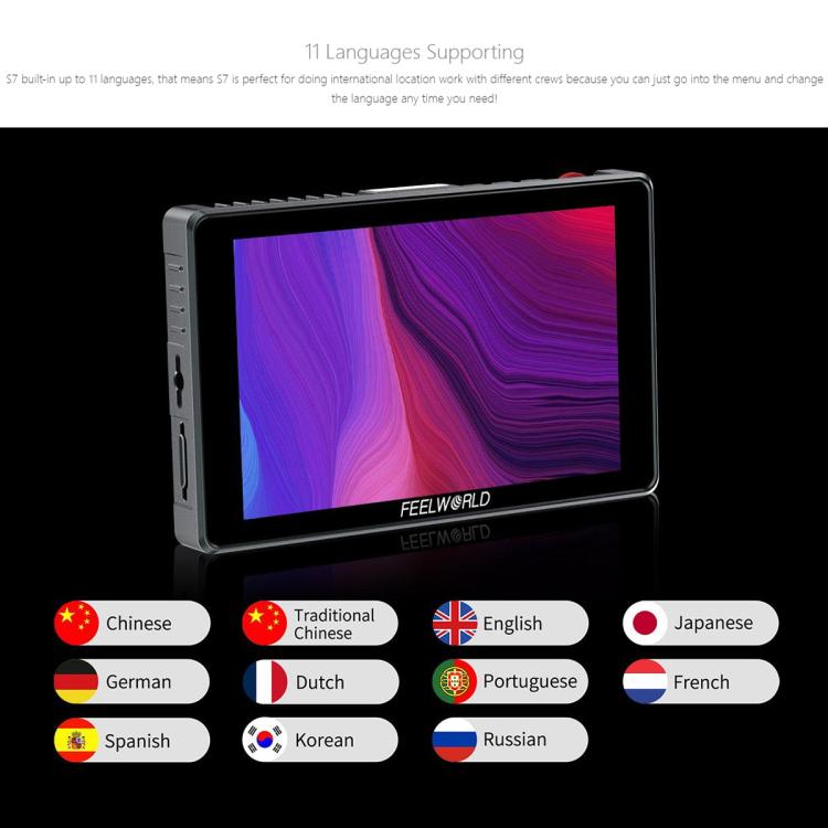 FEELWORLD S7 7 inch 12G SDI HDMI2.0 Camera Field Monitor High Brightness1600nit Touchscreen Monitor  - Black