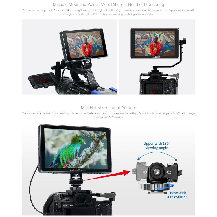 FEELWORLD S7 7 inch 12G SDI HDMI2.0 Camera Field Monitor High Brightness1600nit Touchscreen Monitor  - Black