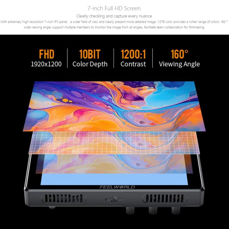 FEELWORLD S7 7 inch 12G SDI HDMI2.0 Camera Field Monitor High Brightness1600nit Touchscreen Monitor  - Black