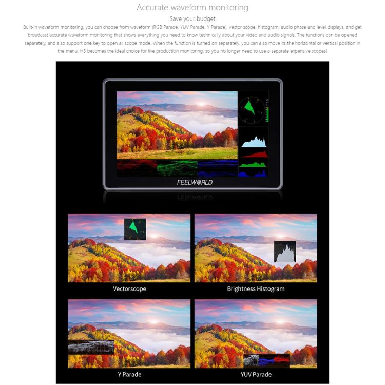 FEELWORLD H5 5.5 inch 12G SDI HDMI 2.0 Camera Field Monitor High Brightness 1200nit Touchscreen Monitor  - Black