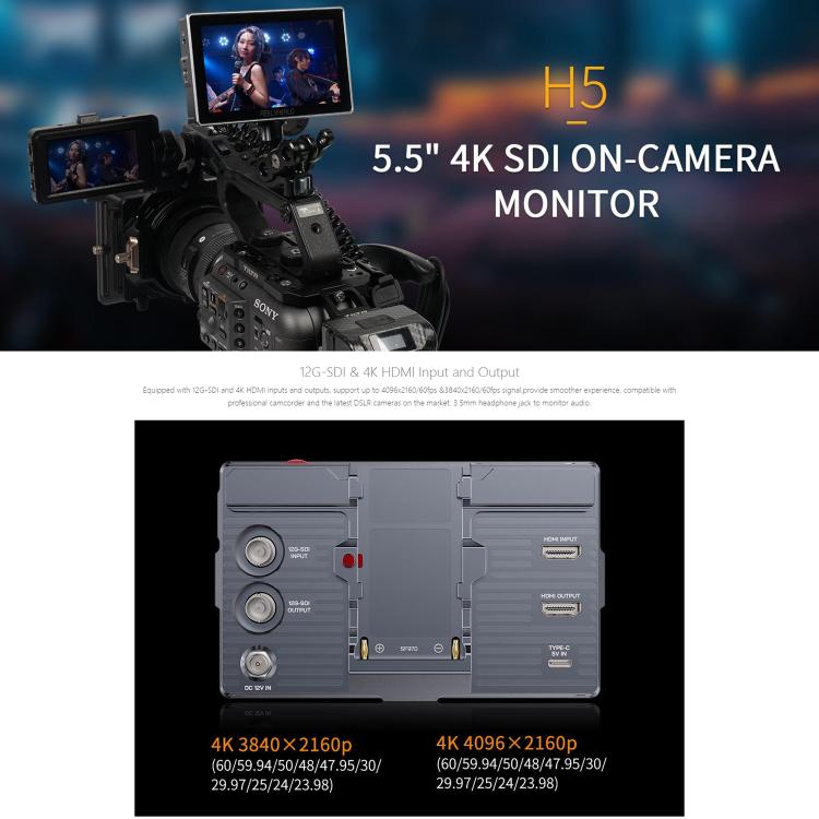 FEELWORLD H5 5.5 inch 12G SDI HDMI 2.0 Camera Field Monitor High Brightness 1200nit Touchscreen Monitor  - Black
