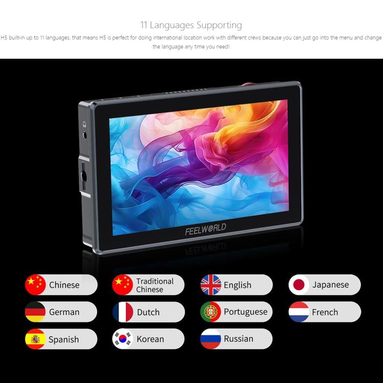 FEELWORLD H5 5.5 inch 12G SDI HDMI 2.0 Camera Field Monitor High Brightness 1200nit Touchscreen Monitor  - Black