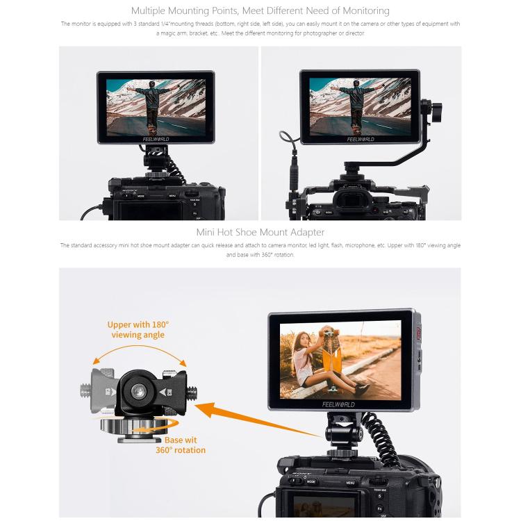 FEELWORLD H5 5.5 inch 12G SDI HDMI 2.0 Camera Field Monitor High Brightness 1200nit Touchscreen Monitor  - Black