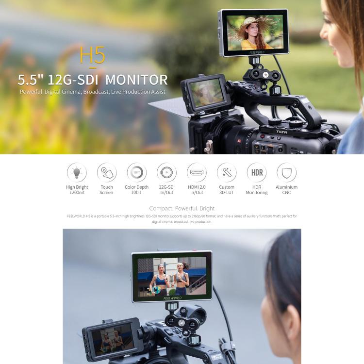 FEELWORLD H5 5.5 inch 12G SDI HDMI 2.0 Camera Field Monitor High Brightness 1200nit Touchscreen Monitor  - Black
