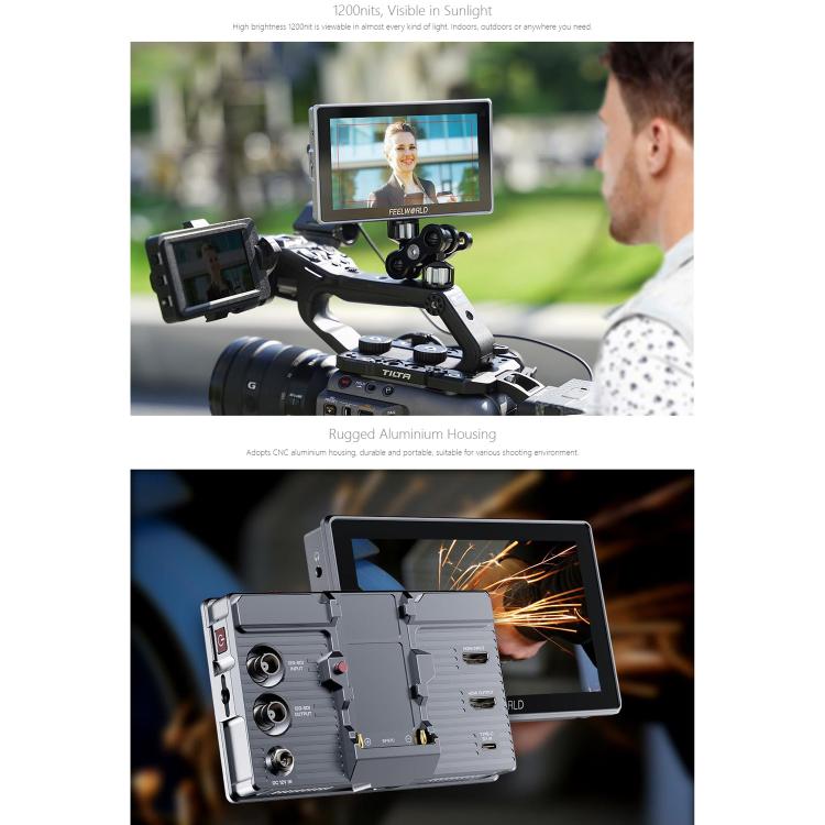 FEELWORLD H5 5.5 inch 12G SDI HDMI 2.0 Camera Field Monitor High Brightness 1200nit Touchscreen Monitor  - Black