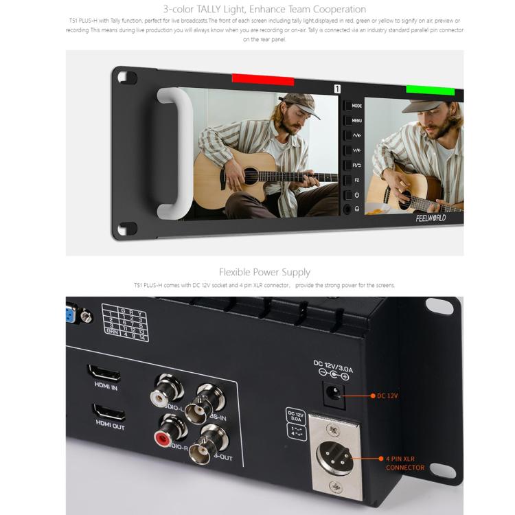 FEELWORLD T51 PLUS-H Triple 5.5 inch 2RU Rackmount Monitor Full HD 4K HDMI SDI AV Monitor
