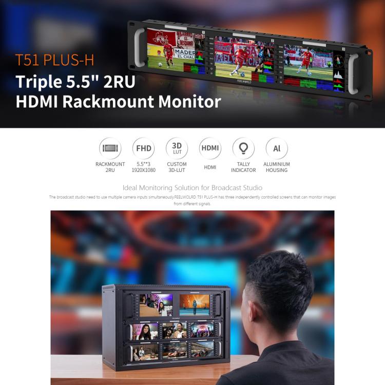 FEELWORLD T51 PLUS-H Triple 5.5 inch 2RU Rackmount Monitor Full HD 4K HDMI SDI AV Monitor