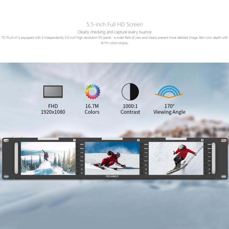 FEELWORLD T51 PLUS-H Triple 5.5 inch 2RU Rackmount Monitor Full HD 4K HDMI SDI AV Monitor