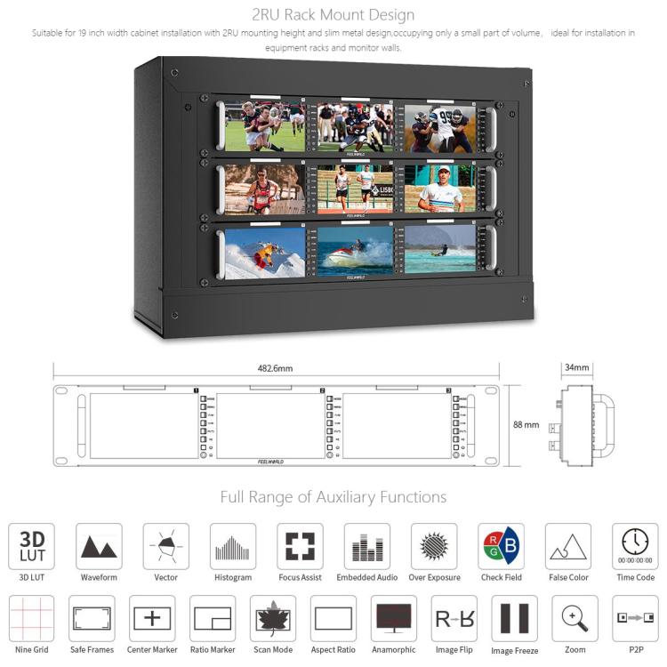 FEELWORLD T51 PLUS-H Triple 5.5 inch 2RU Rackmount Monitor Full HD 4K HDMI SDI AV Monitor