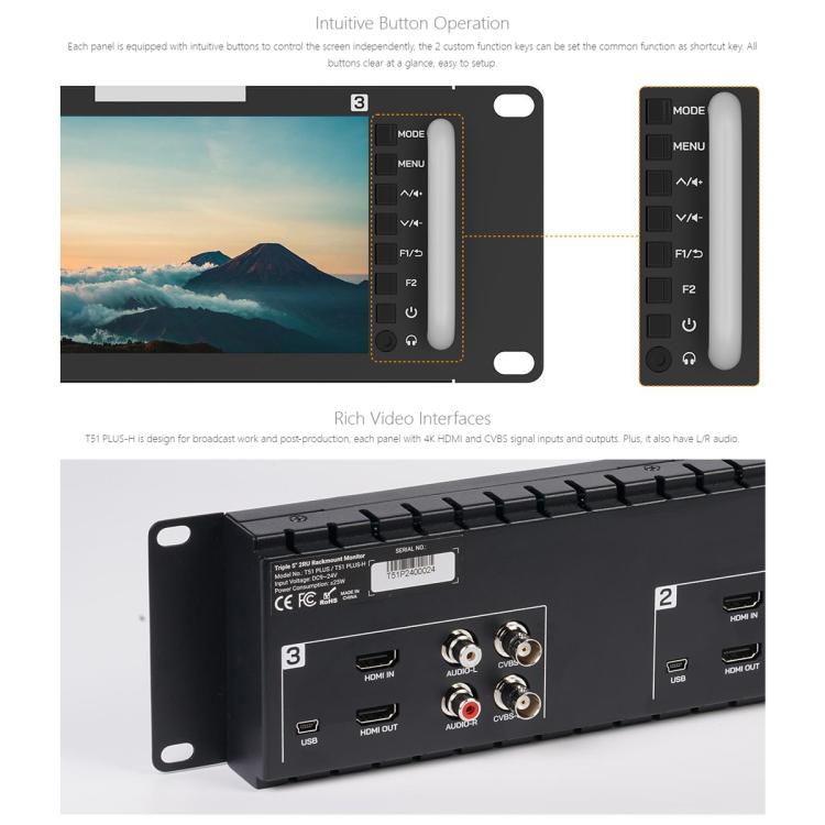 FEELWORLD T51 PLUS-H Triple 5.5 inch 2RU Rackmount Monitor Full HD 4K HDMI SDI AV Monitor