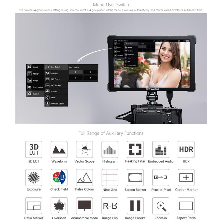FEELWORLD T10 10.1 inch Aluminium DSLR Camera Field Monitor Touch Screen 4K HDMI Monitor  - Black