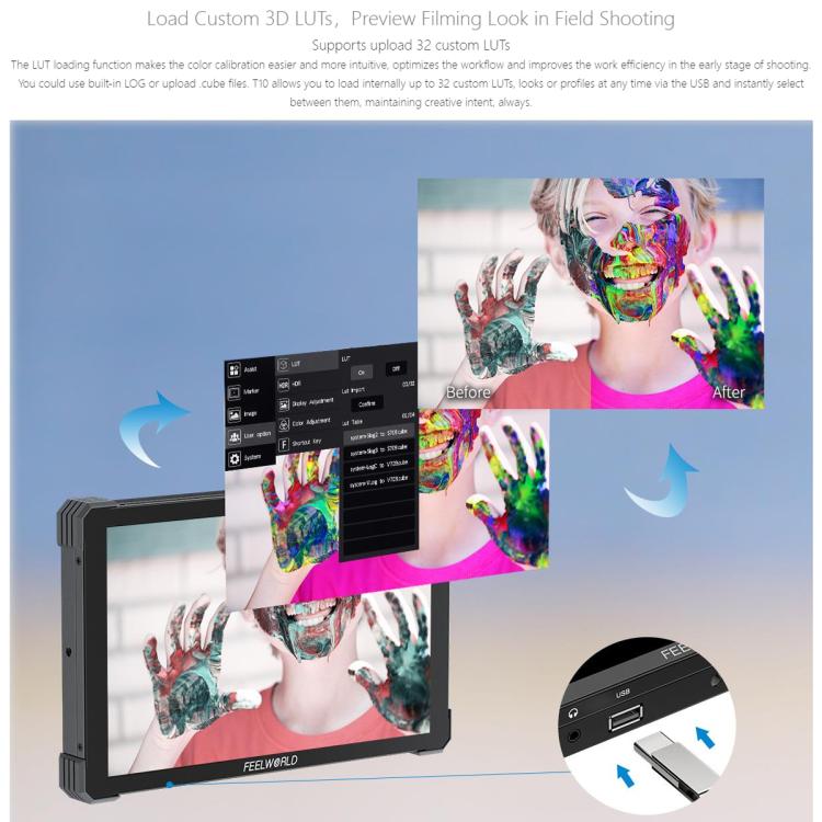 FEELWORLD T10 10.1 inch Aluminium DSLR Camera Field Monitor Touch Screen 4K HDMI Monitor  - Black