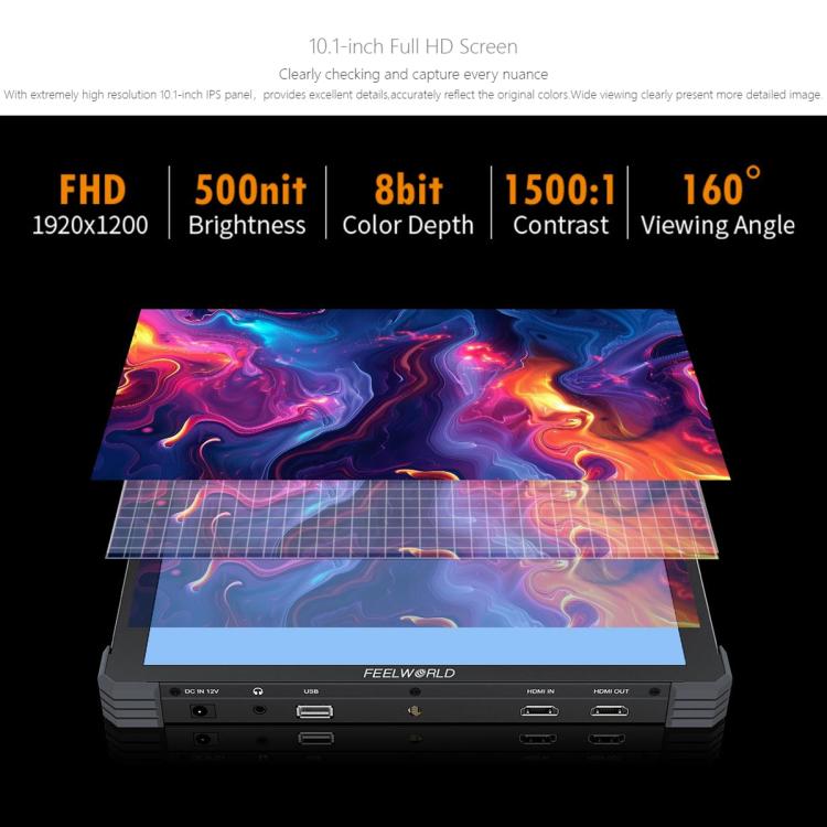 FEELWORLD T10 10.1 inch Aluminium DSLR Camera Field Monitor Touch Screen 4K HDMI Monitor  - Black