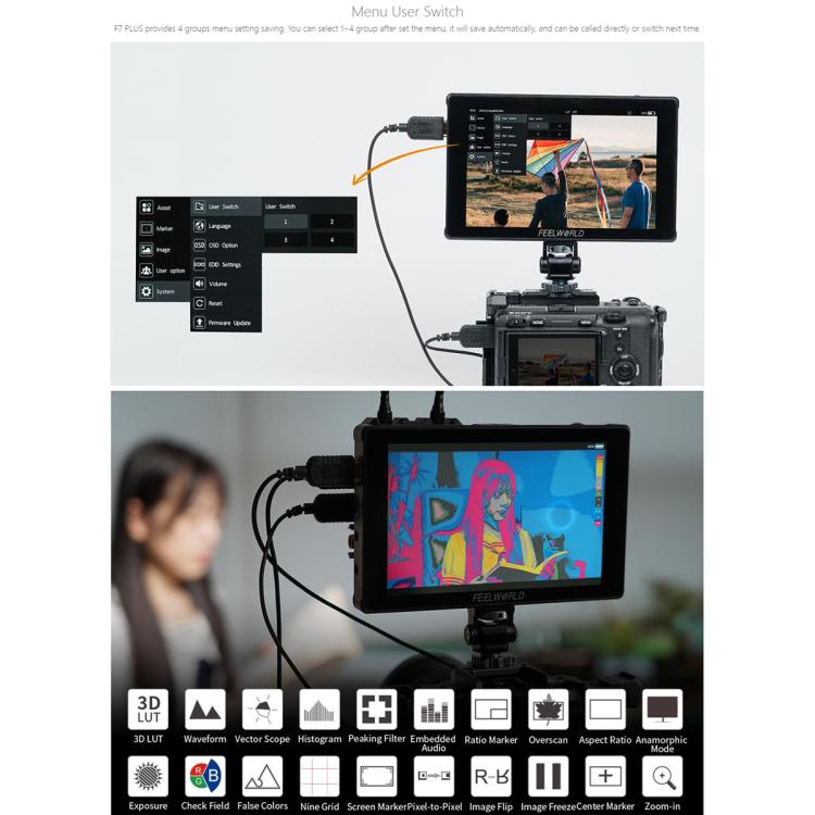 FEELWORLD F7 PLUS 7 inch DSLR Camera Field Monitor Touch Screen 4K HDMI High Brightness 1200nit Monitor  - Black