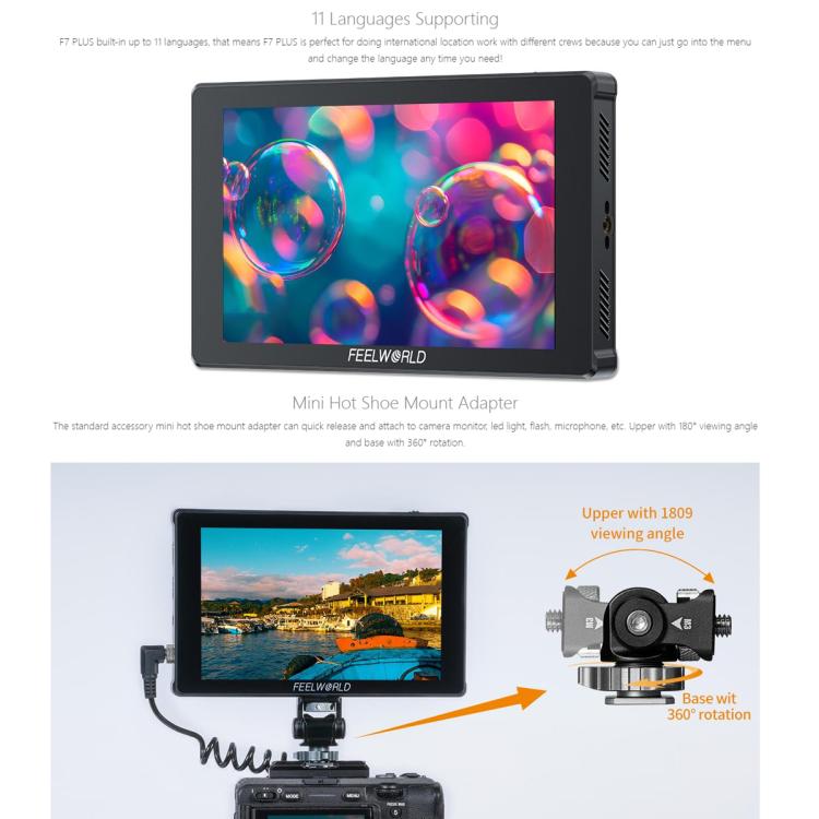 FEELWORLD F7 PLUS 7 inch DSLR Camera Field Monitor Touch Screen 4K HDMI High Brightness 1200nit Monitor  - Black