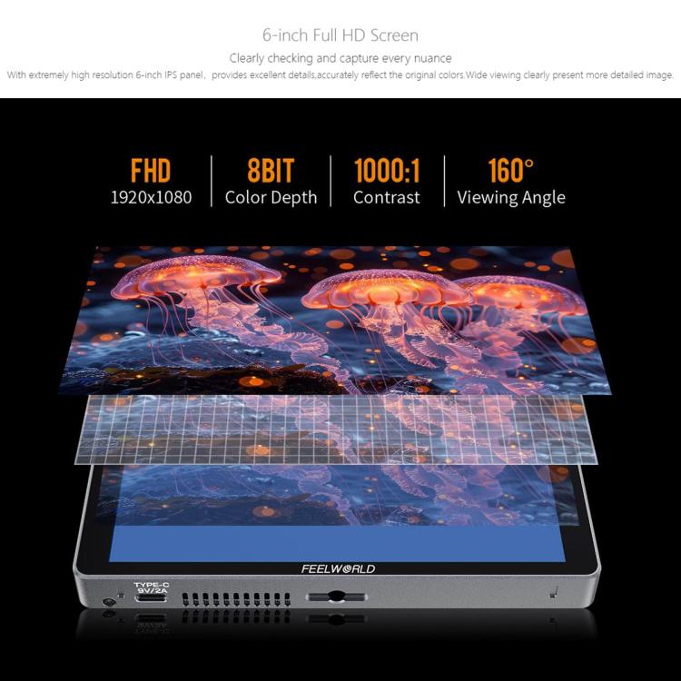 FEELWORLD P6XL 6.0 inch Aluminium Built-in Battery DSLR Camera Field Monitor Touch Screen 4K HDMI High Brightness 1200nit Monitor  - Black