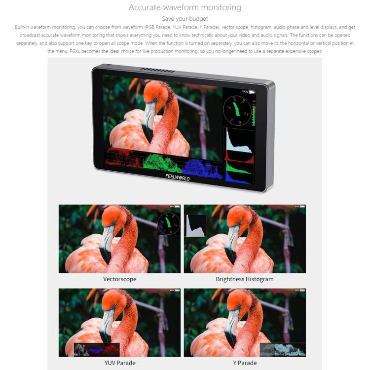 FEELWORLD P6XL 6.0 inch Aluminium Built-in Battery DSLR Camera Field Monitor Touch Screen 4K HDMI High Brightness 1200nit Monitor  - Black