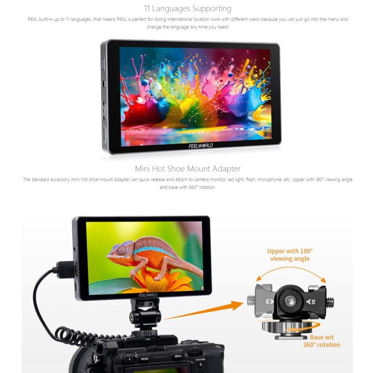 FEELWORLD P6XL 6.0 inch Aluminium Built-in Battery DSLR Camera Field Monitor Touch Screen 4K HDMI High Brightness 1200nit Monitor  - Black