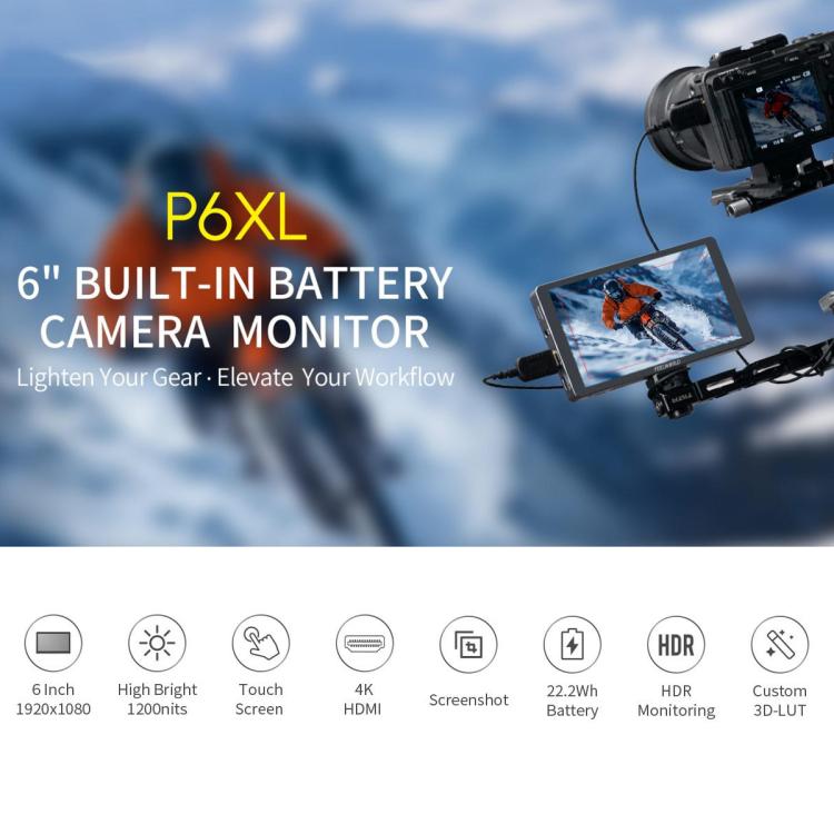 FEELWORLD P6XL 6.0 inch Aluminium Built-in Battery DSLR Camera Field Monitor Touch Screen 4K HDMI High Brightness 1200nit Monitor  - Black
