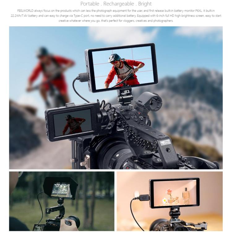 FEELWORLD P6XL 6.0 inch Aluminium Built-in Battery DSLR Camera Field Monitor Touch Screen 4K HDMI High Brightness 1200nit Monitor  - Black