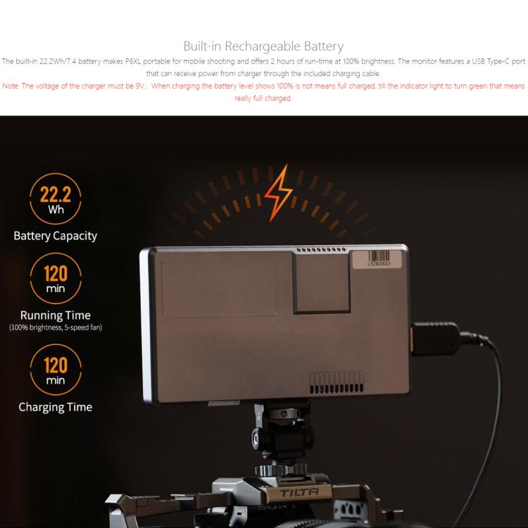 FEELWORLD P6XL 6.0 inch Aluminium Built-in Battery DSLR Camera Field Monitor Touch Screen 4K HDMI High Brightness 1200nit Monitor  - Black