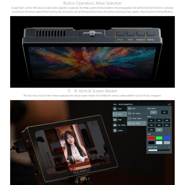 FEELWORLD P6X 5.5 inch Aluminium DSLR Camera Field Monitor Touch Screen 4K HDMI High Brightness 1000nit Monitor  - Black