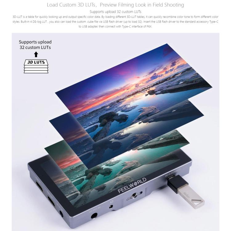FEELWORLD P6X 5.5 inch Aluminium DSLR Camera Field Monitor Touch Screen 4K HDMI High Brightness 1000nit Monitor  - Black
