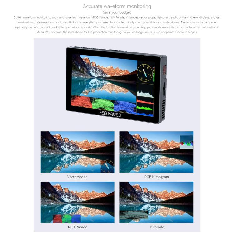 FEELWORLD P6X 5.5 inch Aluminium DSLR Camera Field Monitor Touch Screen 4K HDMI High Brightness 1000nit Monitor  - Black